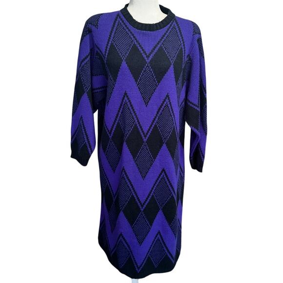 Vintage 1980s Limited Express Sweater Dress Purple Black Chevron Argyle Knit - Picture 2 of 6